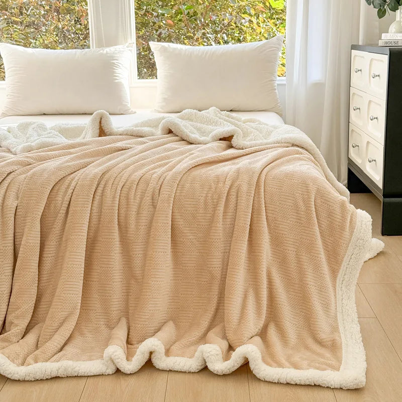 Afralia™ Double-Layer Coral Fleece Jacquard Blanket: Warm & Multi-Functional for Home & Travel