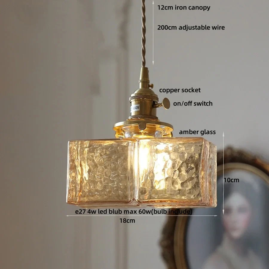 Afralia™ Cube Amber Glass LED Pendant Lamp | Modern Hanging Light Fixtures