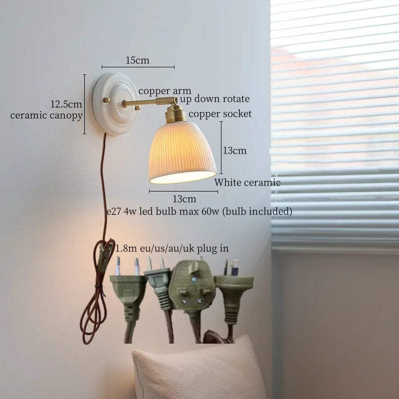 Afralia™ Nordic Ceramic LED Wall Sconce Copper Bedside Lamp for Living Room Bedroom Mirror