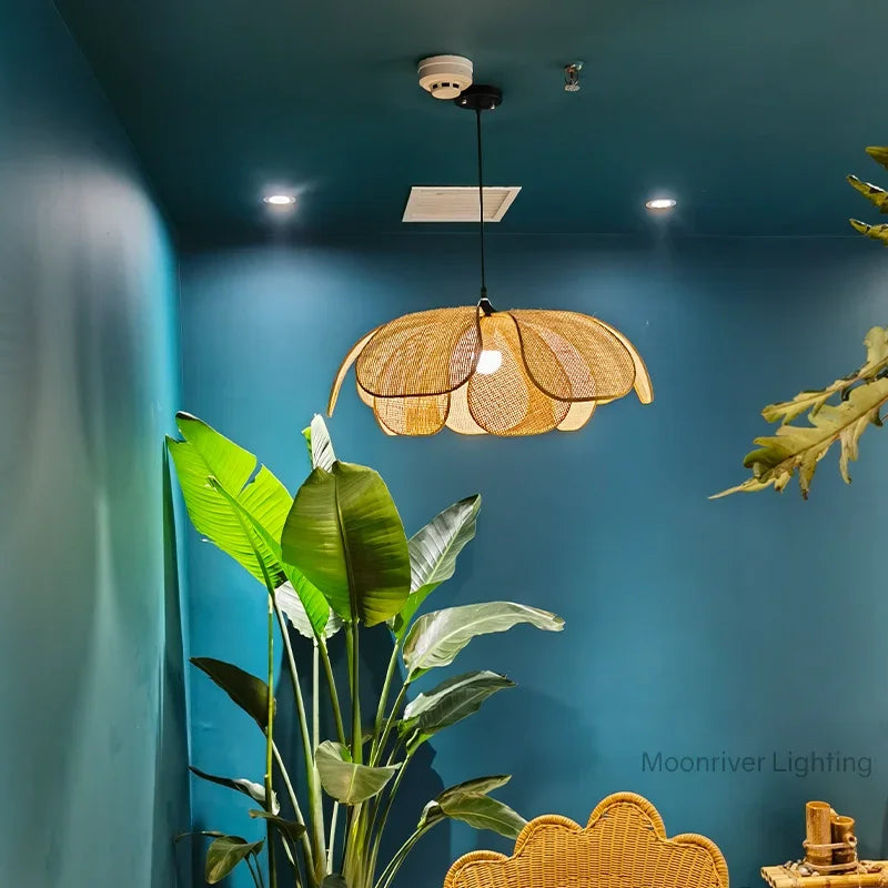 Afralia™ Petals Rattan Chandelier: Japan Style Wicker Pendant Lights for Living Room