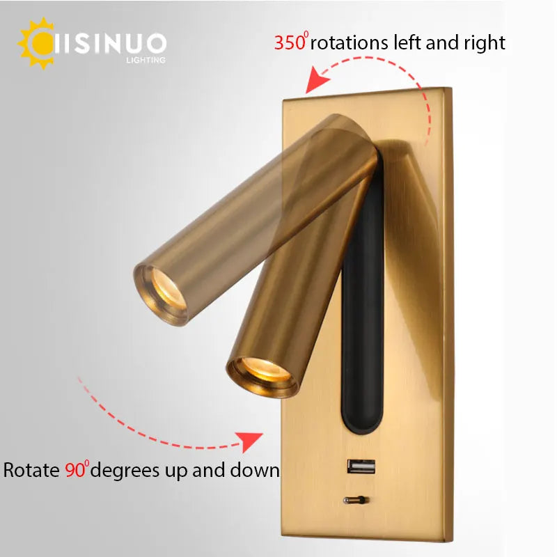Afralia™ LED Wall Sconce Adjustable Reading Light for Hotel Bedroom, USB Charging
