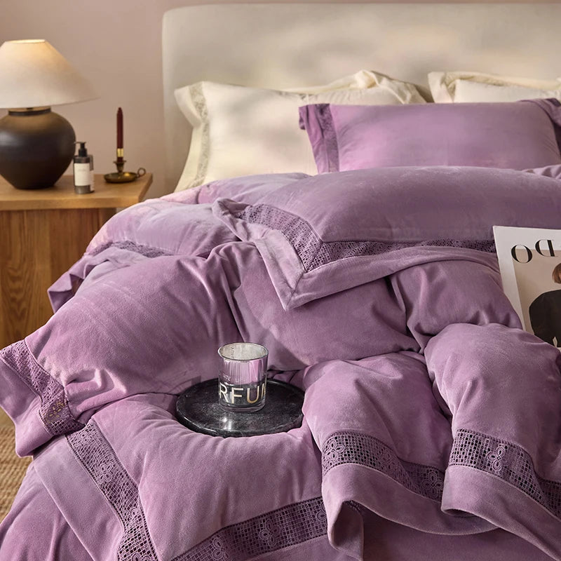 Luxury Gold Velvet Lace Duvet Bedding Set by Afralia™, Cozy Furry Winter Collection