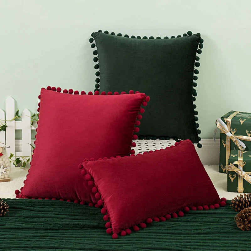 Afralia™ Velvet Pompom Ball Christmas Cushion Covers - Red Green White Soft Decor for Home