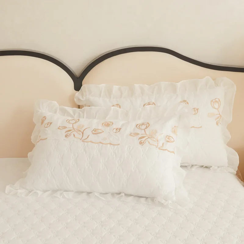 Afralia™ Quilted Embroidery Bedding Set with Lace Ruffles, Duvet Cover, Bed Skirt - Various Colors