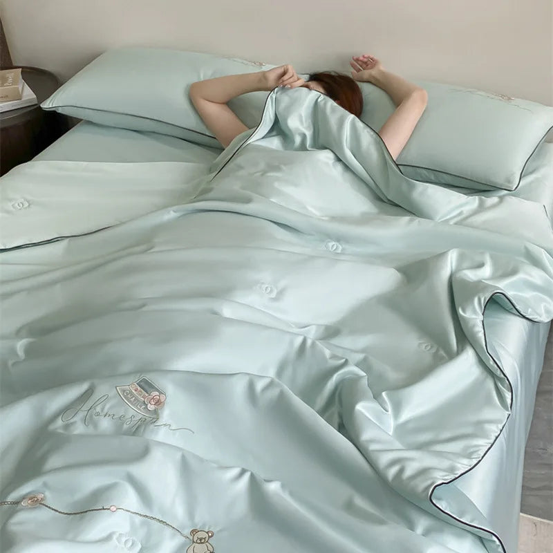 Afralia™ Ice Rayon Summer Quilt: Bear Floral Embroidery Cooling Thin Blanket - Antimicrobial Comforter