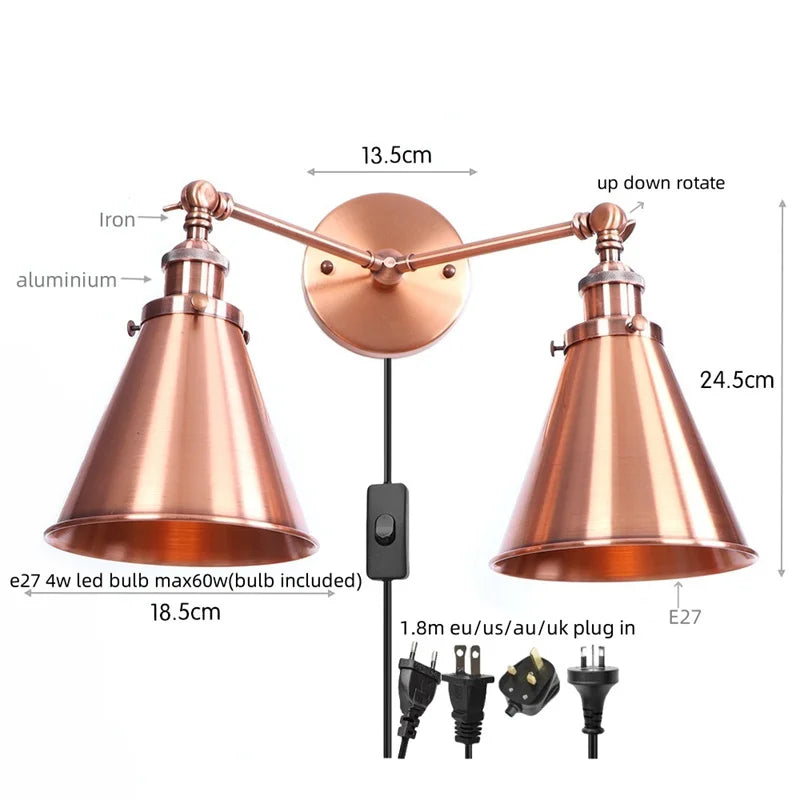 Afralia™ Loft Plug-in LED Wall Lamps Industrial Silver Vintage 2 Heads Lighting