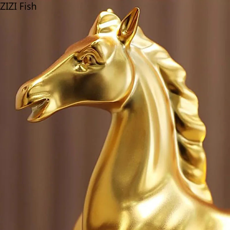 Afralia™ Golden Horse Mascot Resin Statue Artwork for Aesthetic Room Decor