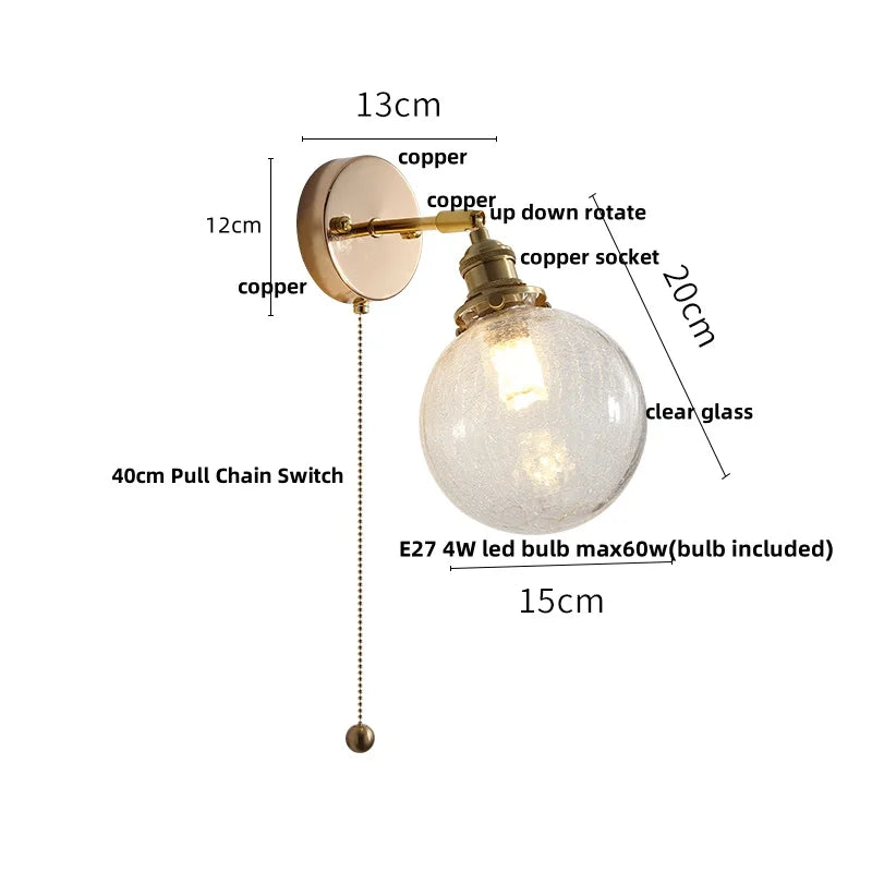 Afralia™ Glass LED Wall Sconce Pull Chain Switch Modern Bathroom Light