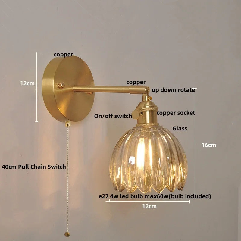 Afralia™ Vintage Clear Glass Wall Lamp Sconce with Pull Chain Switch and LED Rotation