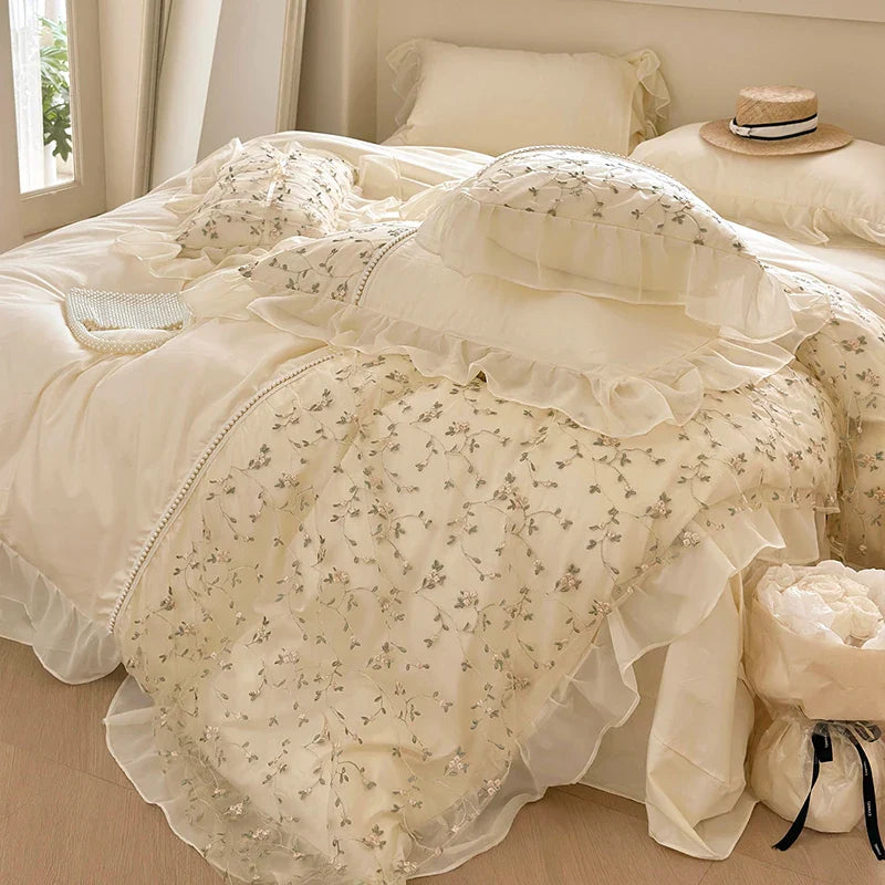 Afralia™ French Princess Floral Lace Ruffles Bedding Set with Imitation Pearls