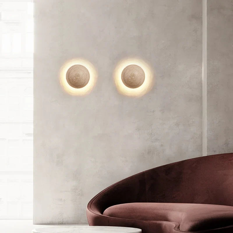 Afralia™ Travertine Wood Canopy LED Wall Sconce Lamp Japan Style Bedside Light