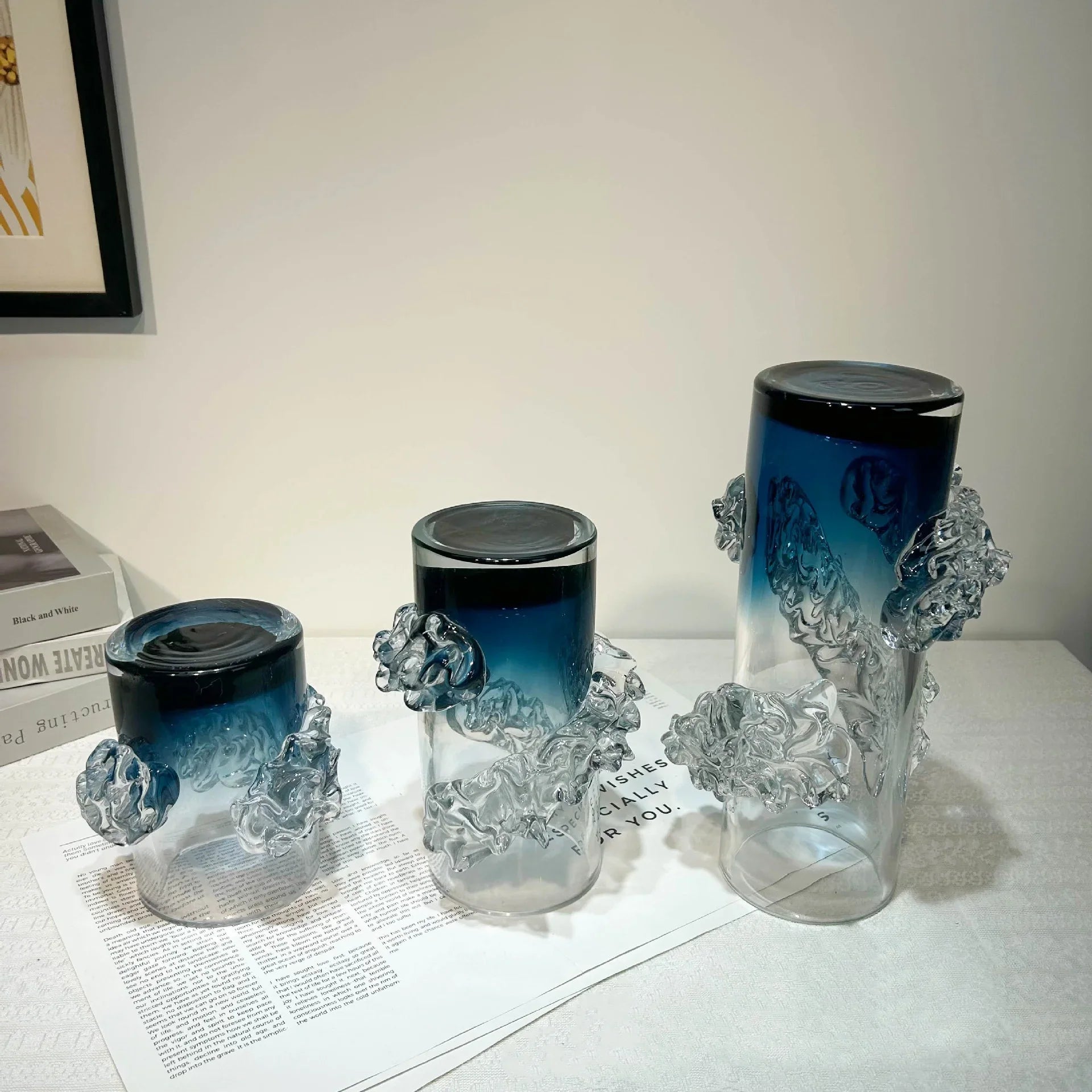 Afralia™ Blue Gradient Wavy Glass Vase for Floral Arrangements and Room Decor