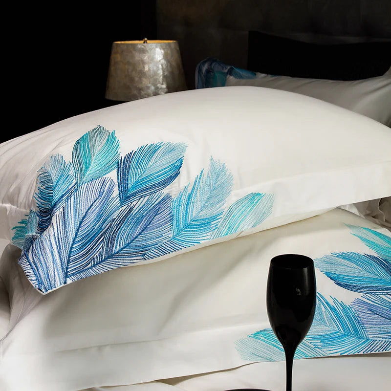 Afralia™ Luxury Feather Embroidery Bedding Set in 1000TC Egyptian Cotton, Queen King Size