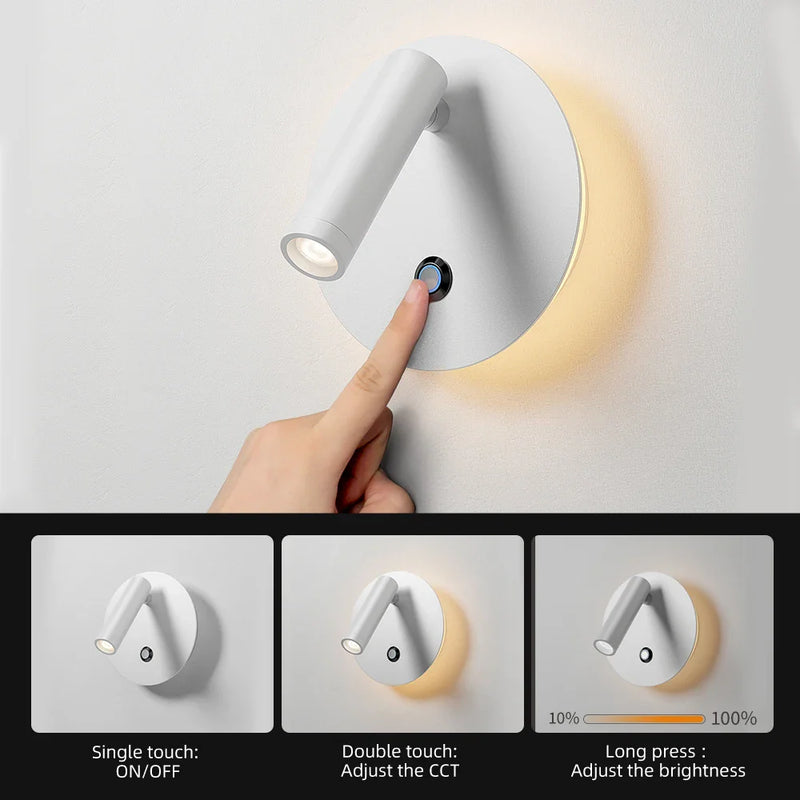 Afralia™ Dimmable LED Wall Lamp with Touch Switch, 340° Rotatable Backlight for Bedside & Study