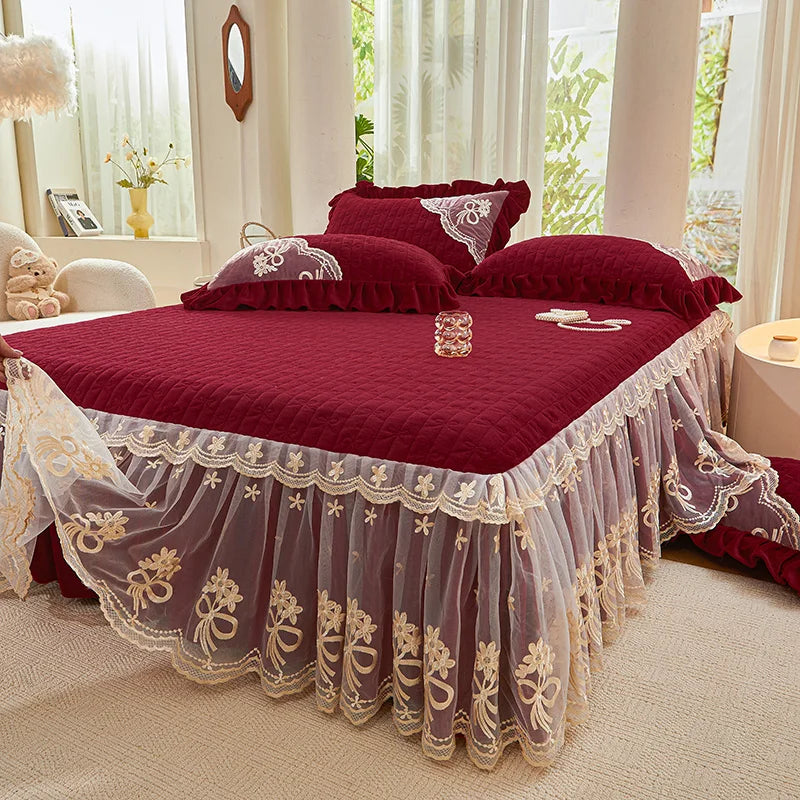 Afralia™ Princess Burgundy Red Velvet Bedding Set - Duvet Cover, Bed Skirt, Bedspread, Pillowcases