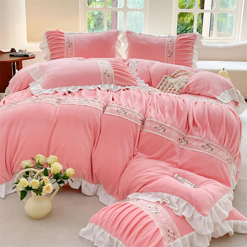Afralia™ Pleat Lace Ruffle Princess Fleece Bedding Set