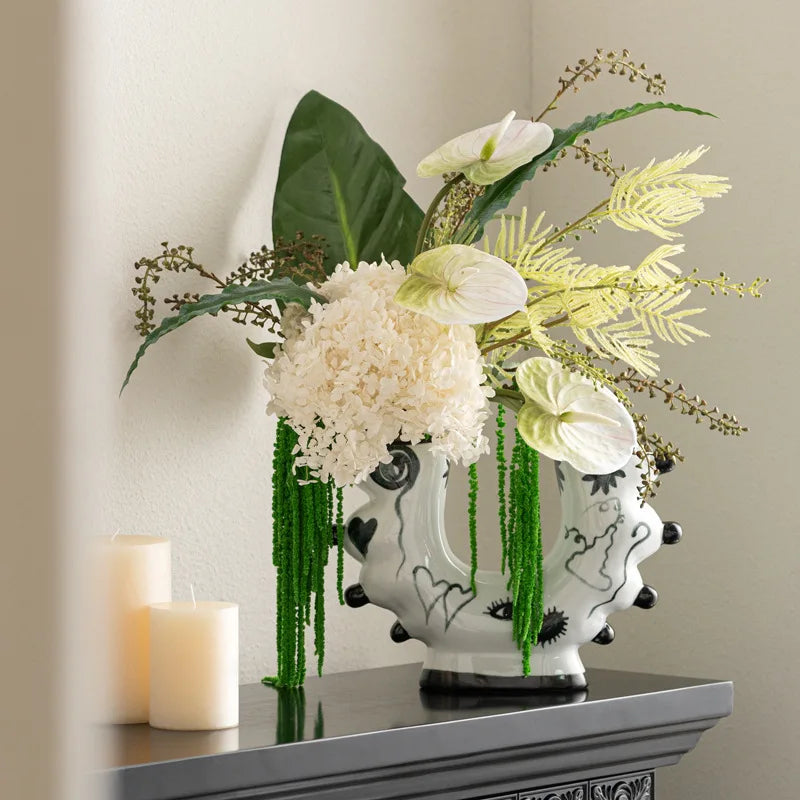 Afralia™ Graffiti Ceramic Vase U-Shape Hand-Painted Abstract Handicraft Floral Arrangement Accessory