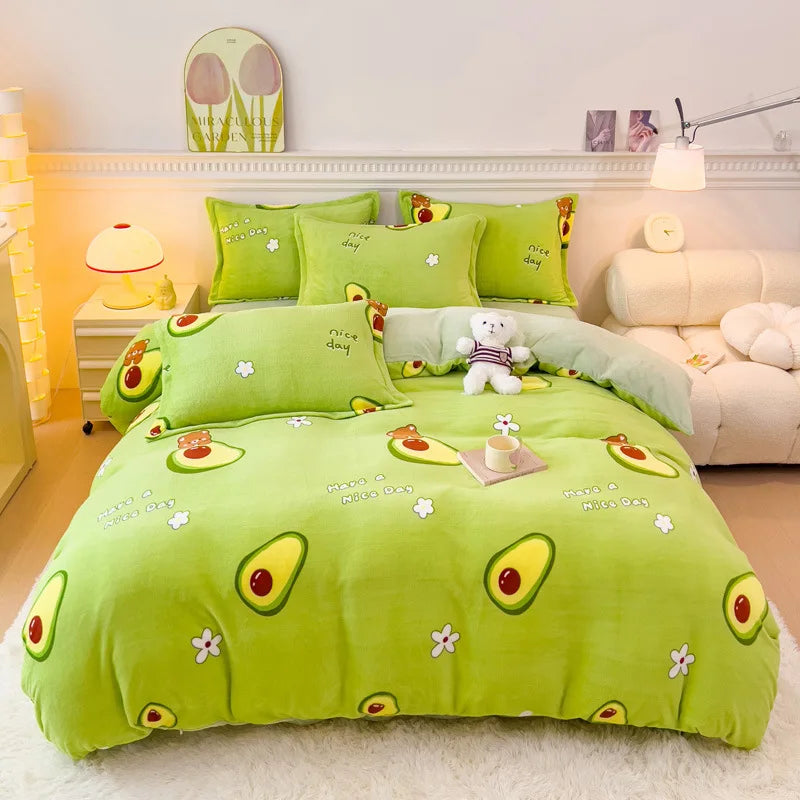 Afralia™ Winter Cartoon Crystal Velvet Bedding Set - Queen Size Warm Duvet Cover