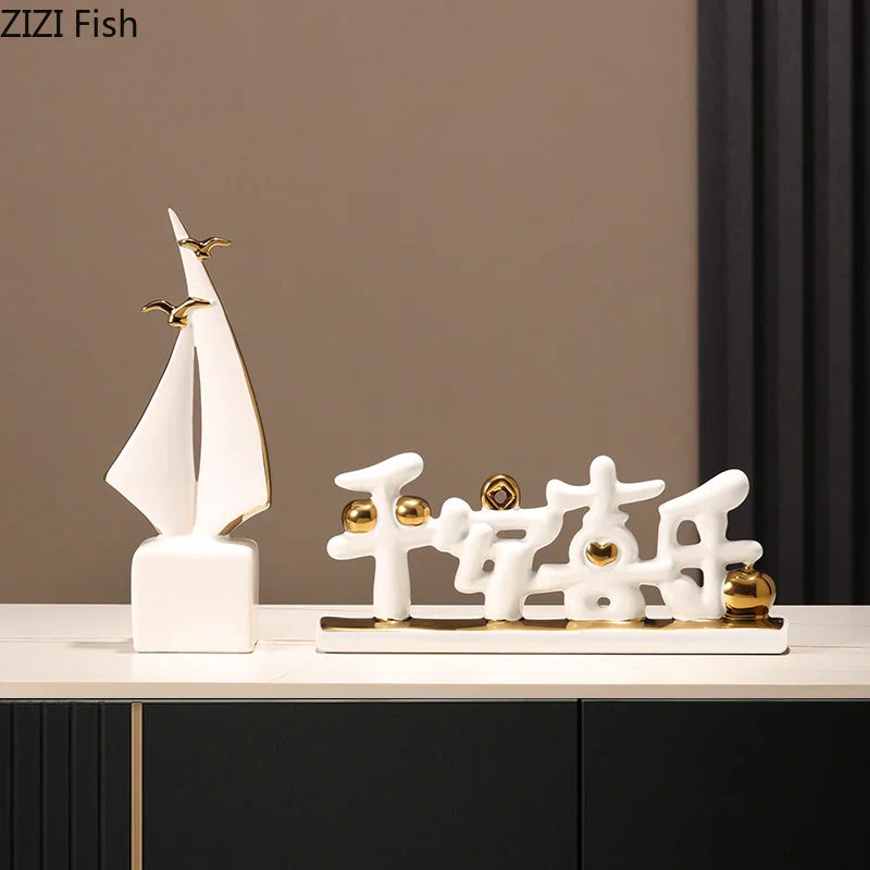 Afralia™ Sailboat Ceramic Art Sculpture Desk Decoration Ornaments