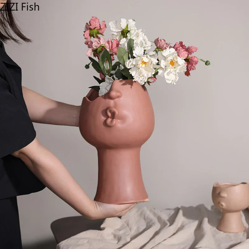 Afralia™ Abstract Face Ceramic Vase for Table Flowers Decoration
