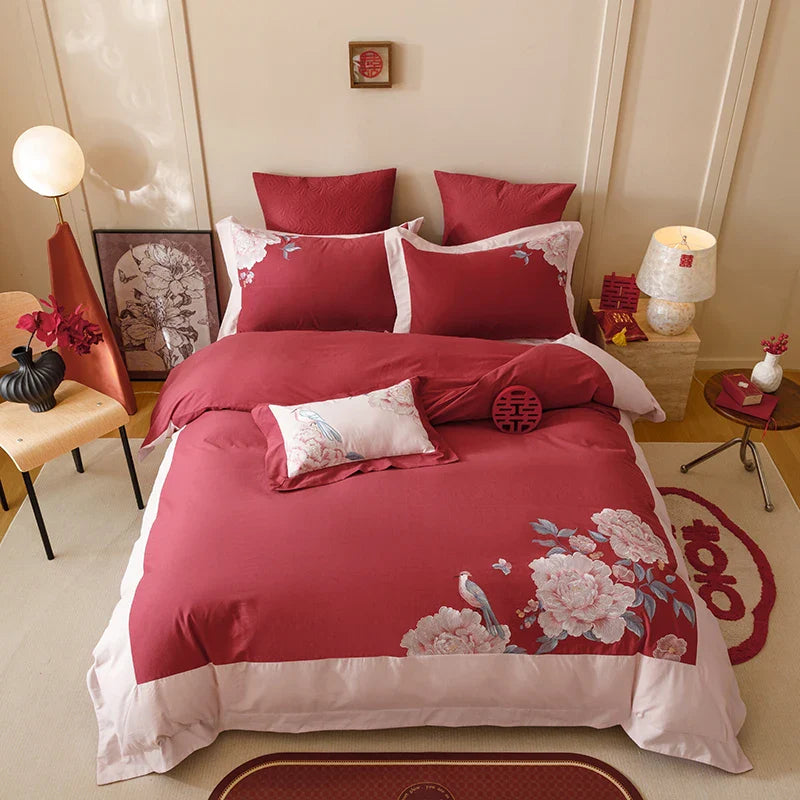 Afralia™ Luxury Chinese Flowers Embroidery Wedding Bedding Set Pillowcases