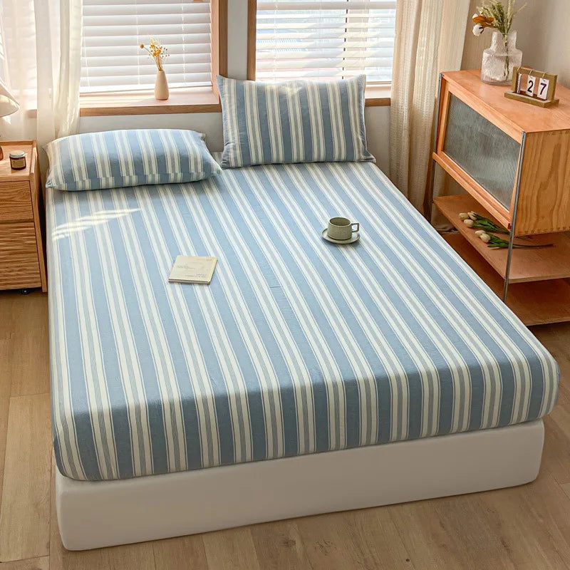 Afralia™ Cotton Stripe Fitted Sheet- Single Cozy Mattress Cover with Elastic Band