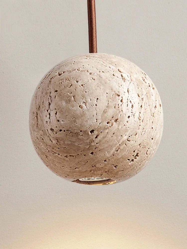 Afralia™ Small Round LED Pendant Stone Yellow Travertine Chandelier - Minimalism Hanging Line Lighting