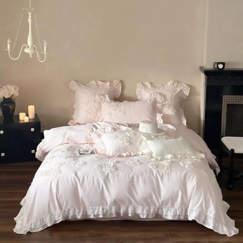Afralia™ Pink Flowers Ruffles Princess Wedding Bedding Set - Soft Washed Cotton