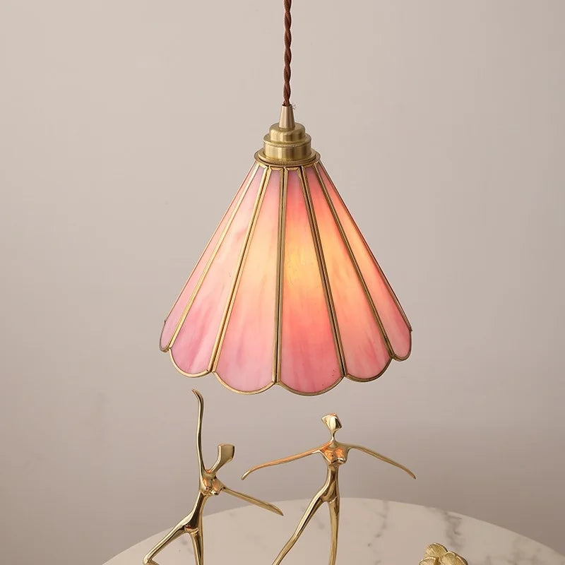 Afralia™ Pink Glass LED Pendant Lights for Bedroom Dining Living Room, Copper Nordic Hanging Lamp