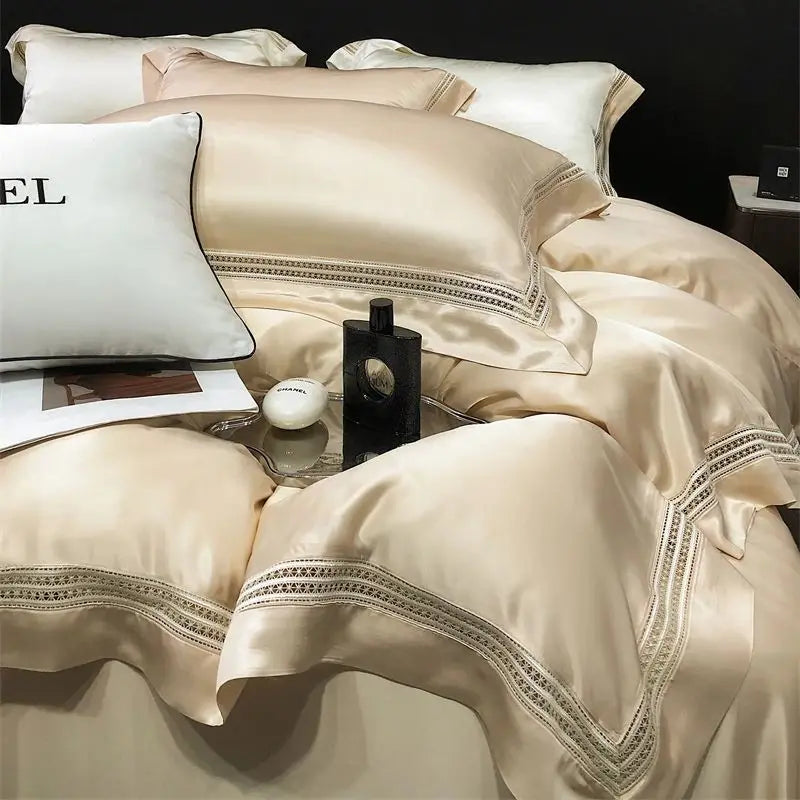 Afralia™ Luxury Lace Edge Bedding Set: Duvet Cover, Bed Sheet, Fitted Sheet, Pillowcases
