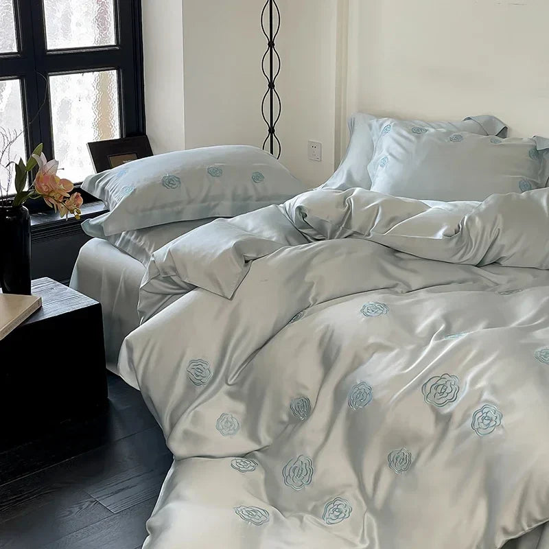 Afralia™ Pink Flower Embroidered Lyocell Bedding Set - High-end Duvet Cover Set