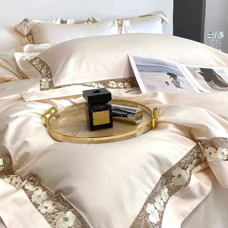 Afralia™ Luxury Egyptian Cotton Flowers Duvet Cover Set, Champagne Grey, Orange