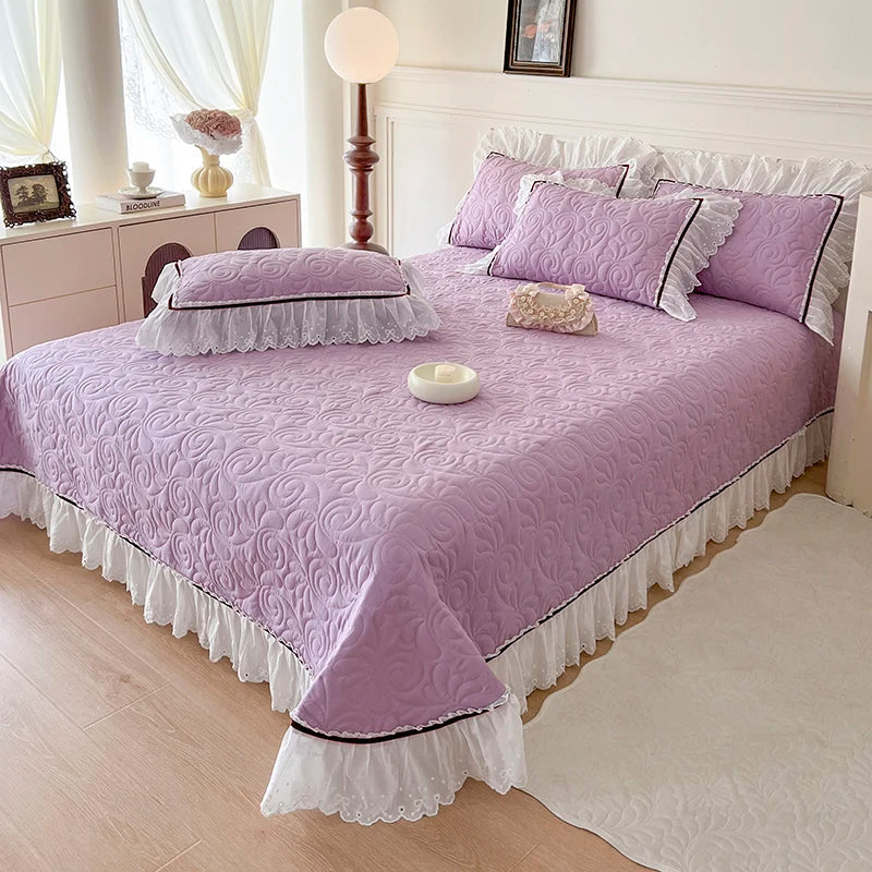 Afralia™ Princess Style Cotton Quilted Bedspread Set with Lace Edge & Pillowcase