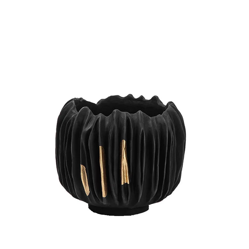 Afralia™ Black Gold Crease Texture Resin Vase - Abstract Home Decor Ornament
