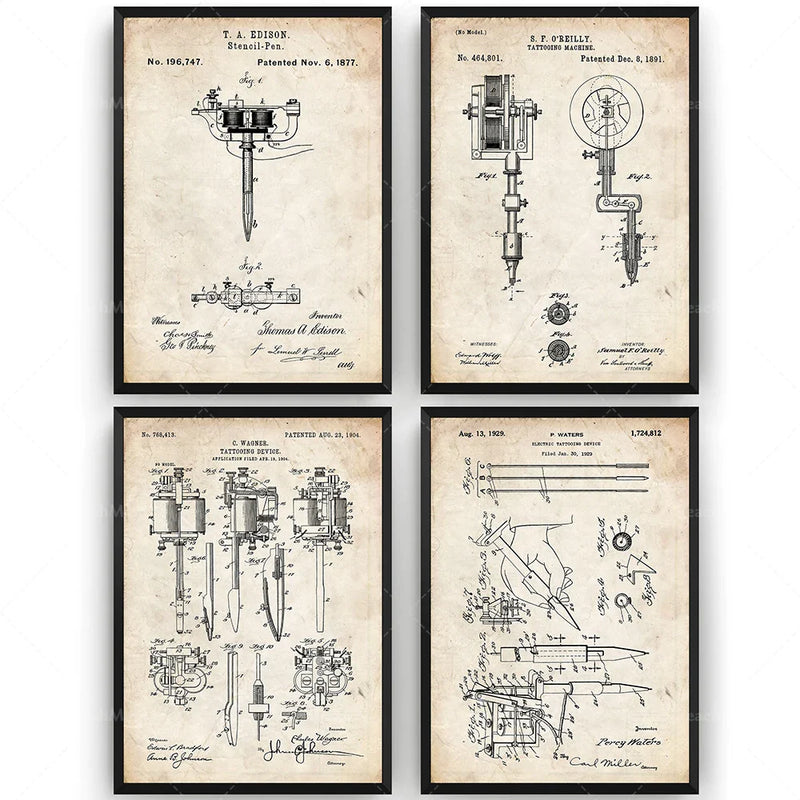 Afralia™ Tattoo Machine Patent Print, Studio Wall Art Blueprint Poster Decoration