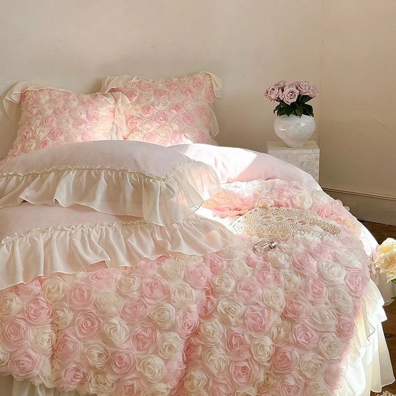 Afralia™ Luxe Rose Lace Ruffles Princess Bedding Set - 4Pcs
