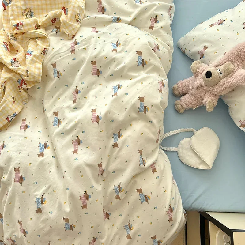 Afralia™ Cute Cartoon Washed Cotton 4-Piece Bedding Set for Spring Soft Skin-Friendly Sheets