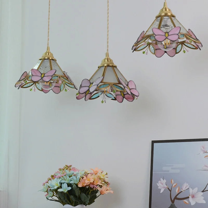 Afralia™ Nordic Pink Glass LED Pendant Light with Adjustable Brass Wire