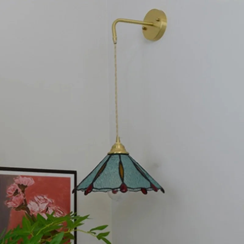 Afralia™ Glass Brass LED Wall Sconce Pull Chain Switch Vintage Vanity Light