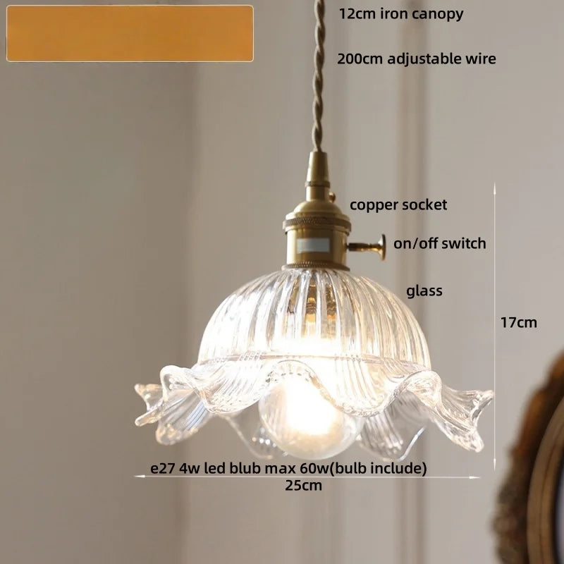 Afralia™ Vintage Green Glass Flower Knob Switch LED Pendant Lights, Copper Hanging Lamp