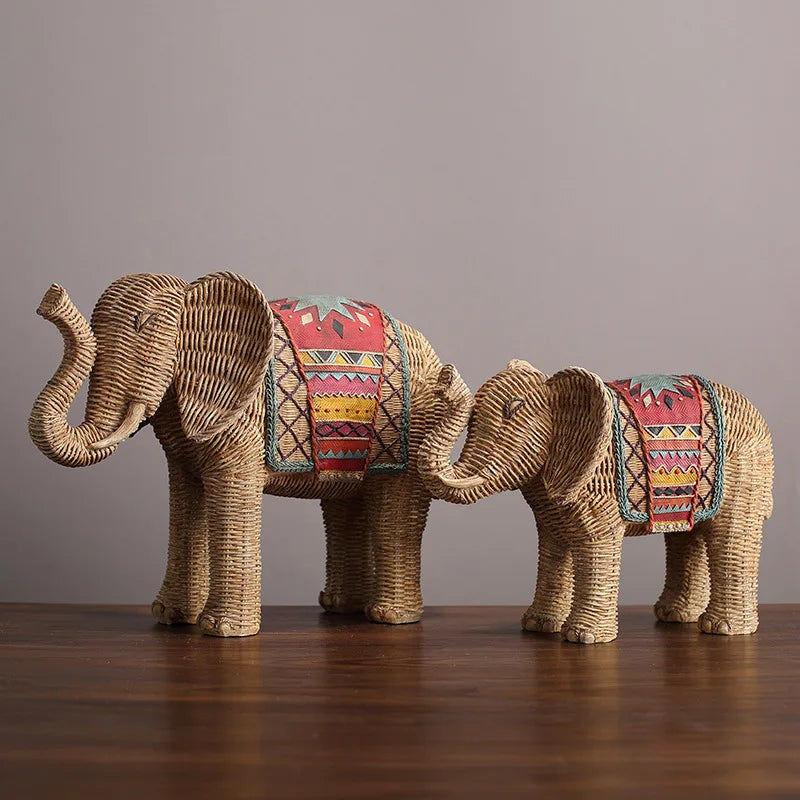 Afralia™ Elephant Resin Handicraft Ornament Hand-painted Braided Decor Statue Simulation Animal