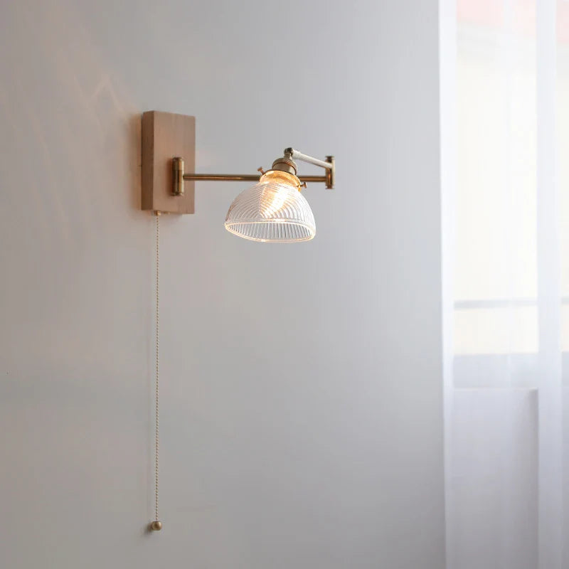 Afralia™ Clear Glass Copper LED Wall Light with Pull Chain Switch & Walnut Wood Canopy