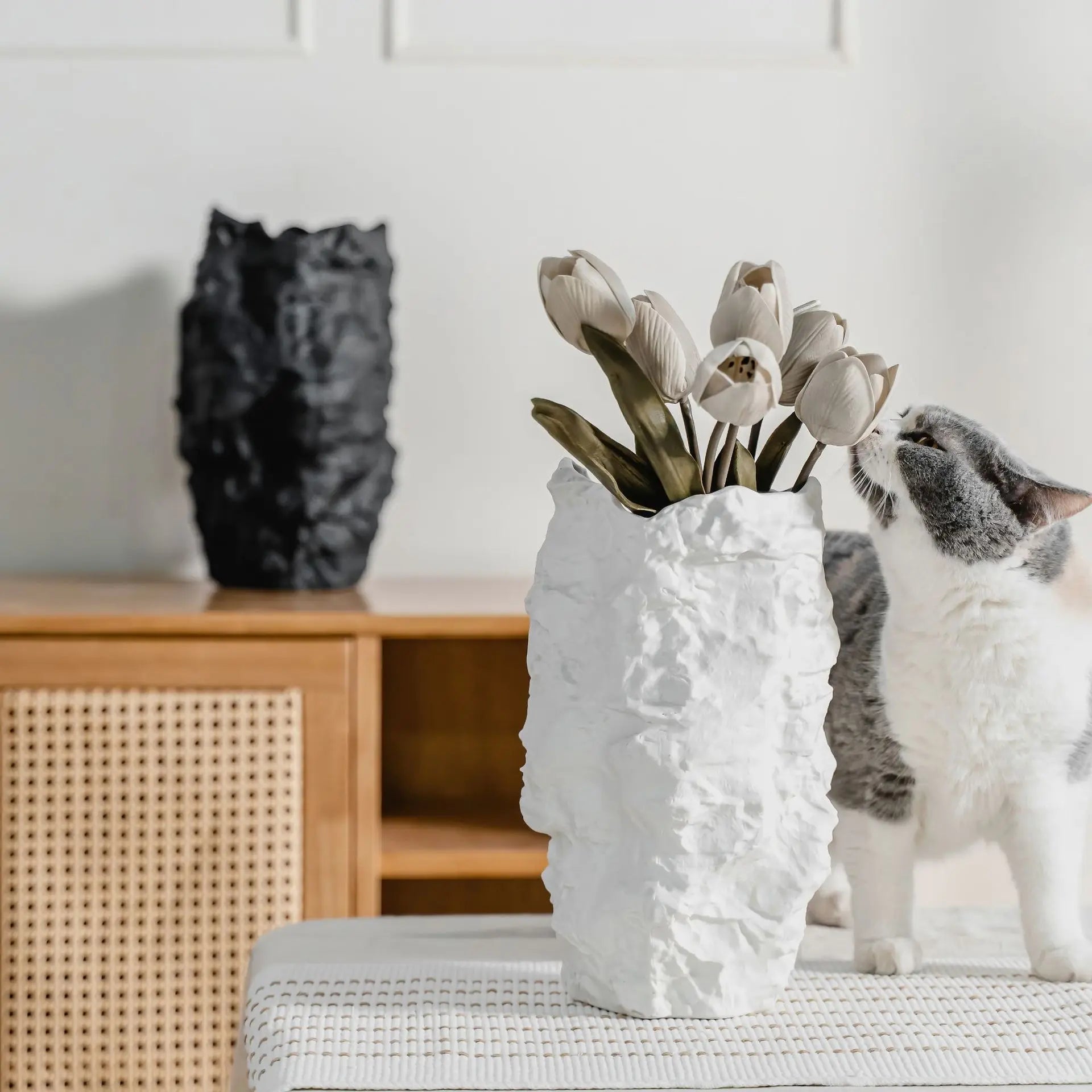 Afralia™ Stone Grain Black White Ceramic Vase for Flower Arrangement Craft Ornaments