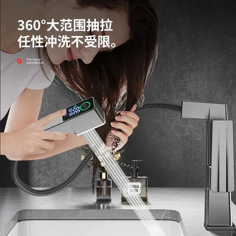 Afralia™ LED Basin Faucet Pull Out Mixer Tap Hot Cold Water Bathroom Sink Vanity