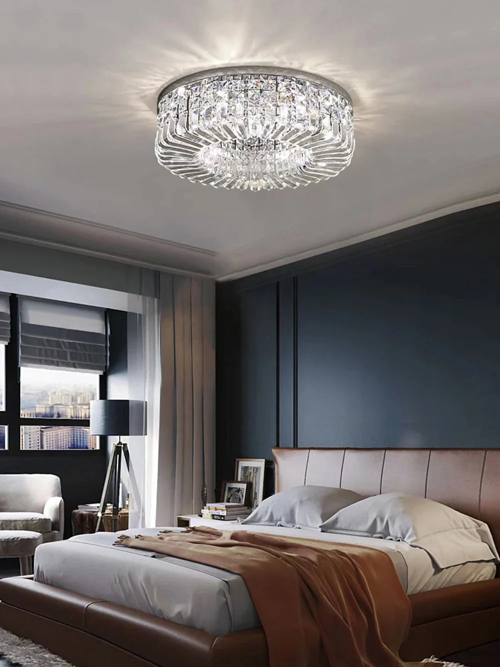 Afralia™ Round LED Crystal Chandelier Gold/Silver Luxe Ceiling Light Fixture for Bedroom