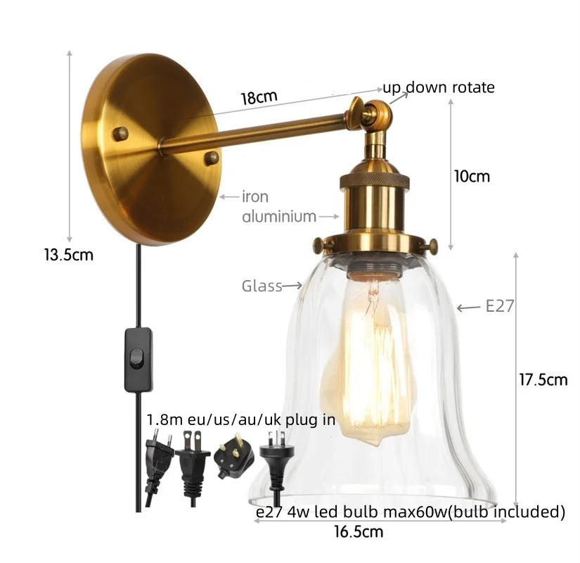 Afralia™ Vintage LED Wall Sconce Pull Chain Switch Glass Country Mirror Light