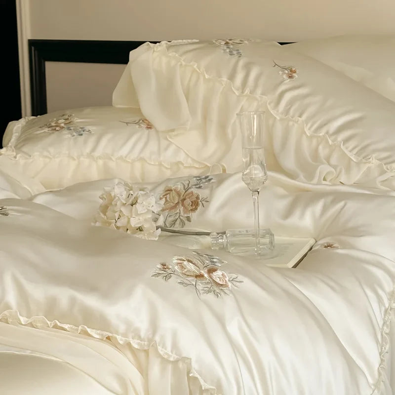 Afralia™ Flowers Embroidery Lace Ruffles Bedding Set in Soft Lyocell Fabric