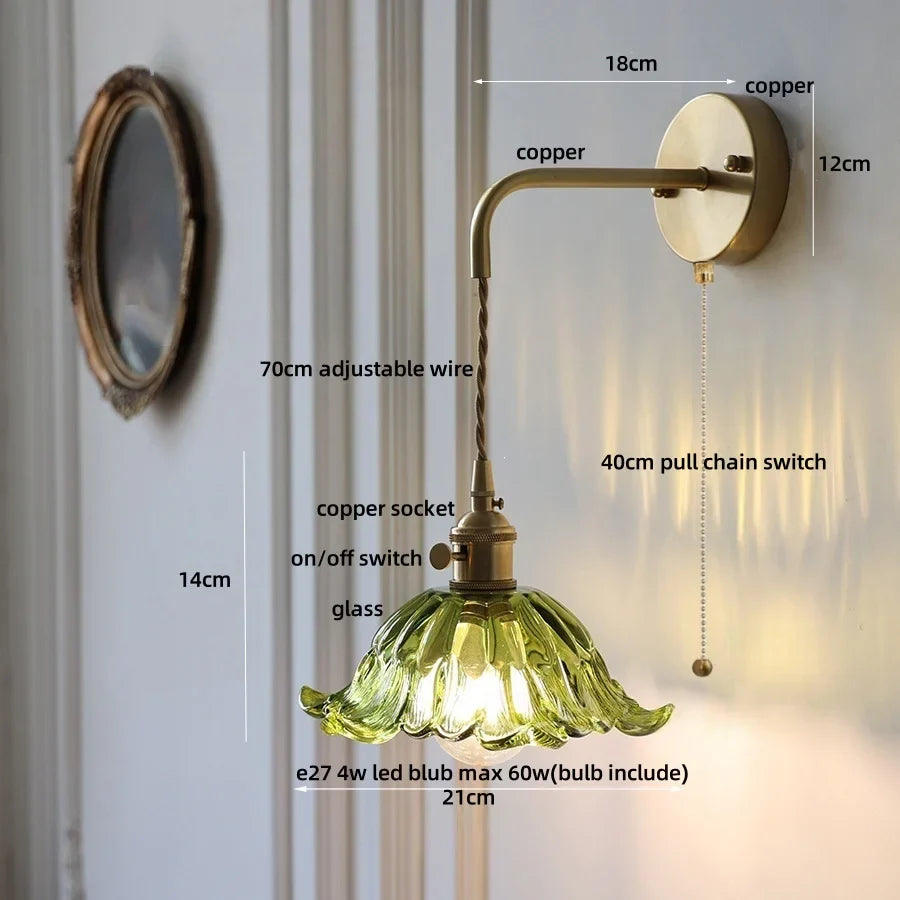 Afralia™ Glass & Copper Green Flower LED Wall Sconce with Pull Chain