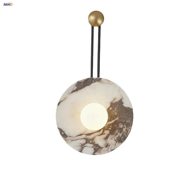 Afralia™ Round Black Iron LED Wall Lamp Bulgari Marble White Glass Stair Light