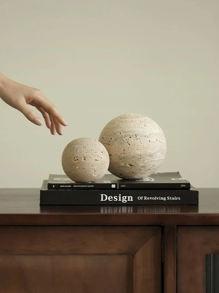 Afralia™ Marble Stone Ball Decor Table Shelf Vintage Travertine Sphere Sculpture